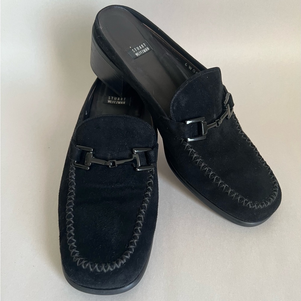 Stuart Weitzman Black Suede Mule Loafers Horse Bit Womens Size 7.5 Classic